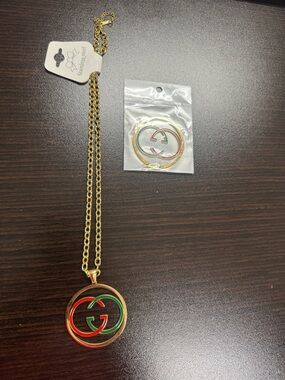 Gold Tone Pendant Necklace with Red & Green Double-G Style Emblem & Earring Set